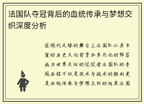 法国队夺冠背后的血统传承与梦想交织深度分析